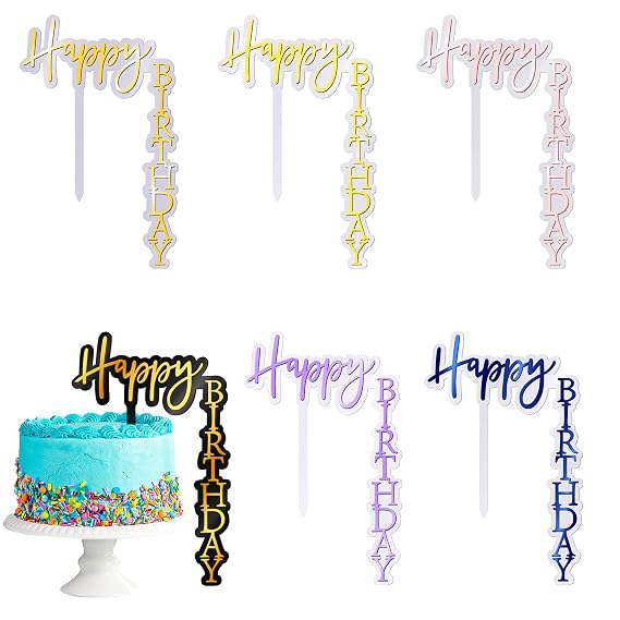 6 Pieces Acrylic Happy Birthday Cake Toppers Decoration Right Angled Shape Vertical Cake Pick Decor Party Supplies for Adults Friends