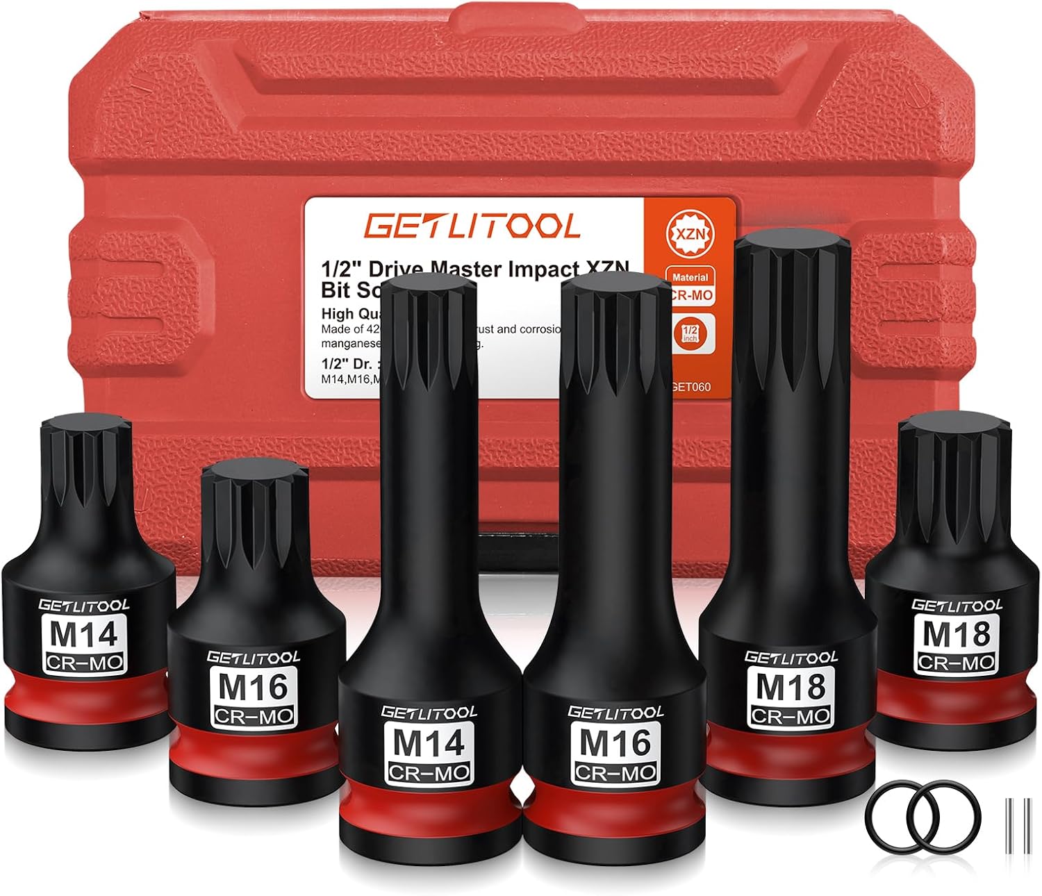 GETLITOOL 1/2 Kraft Vielzahn Bit Steckschlüssel Satz 6tlg M14 M16 M18 Kraft XZN Bit Einsatz Satz CR-MO-Stahl Vielzahn Kraft Schlagschrauber Nüsse Satz Innenvielzahn für XZN