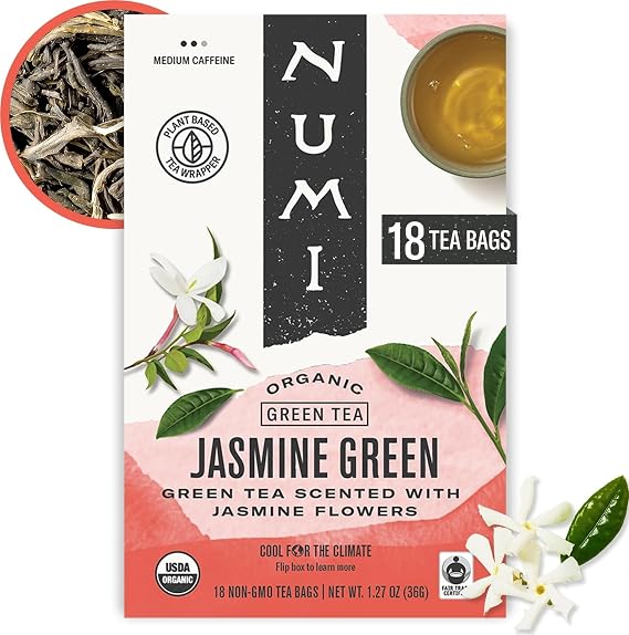 Numi Organic Jasmine Green Tea, 18 Green Tea Bags with Real Jasmine Flowers
