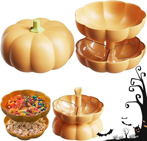 Pumpkin Snack Tray, Perfect Pumpkin Snack Bowl, Pumpkin Snack Holder Double Layer With 3 Divided Compartments And Toothpick Storage, For Halloween Movie Nights (9.9 * 9.9 * 6.3 in-Orange)