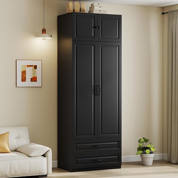 Black Armoire Wardrobe Closet with 2 Drawers: 89" H x 31.5" W | Extra Tall Wardrobe with Storage on Top, Bedroom Armoires with 2 Doors, Large Wood Closet Armoire for Hanging Clothes