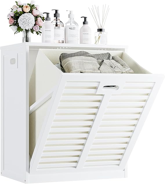 HITNET Tilt Out Laundry Hamper Cabinet, Bathroom Laundry Cabinet with Removable Basket, Space Saving Freestanding Bamboo Storage Organizer for Towels and Toys, White