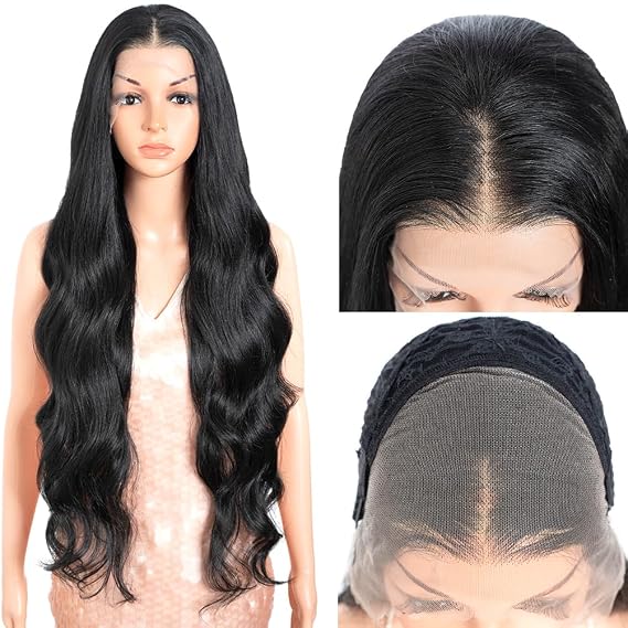 Style Icon 34 Super Long Wavy Wig 13X4 Free Part Lace Front Black Synthetic Hair(34", 1B)