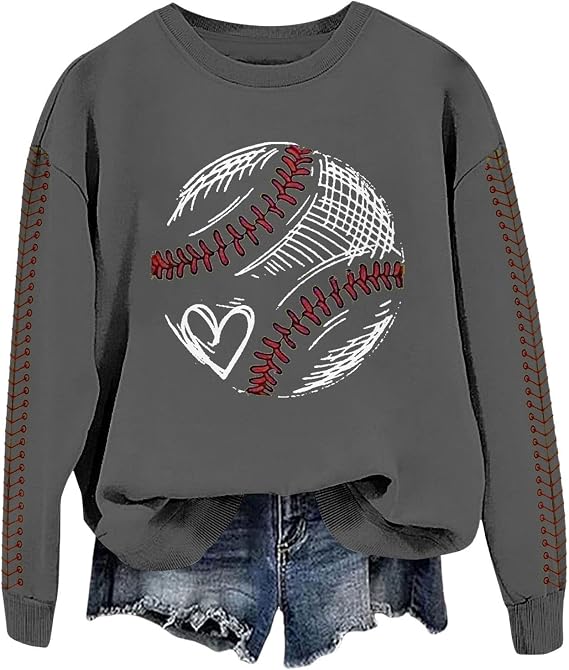 Baseball Sweatshirt for Womens 2025, Long Sleeve Comfy Baseball Shirts Softball Crewneck Graphic Pullover Top Lightweight Game Day Sweatshirt Camisas De Beisbol