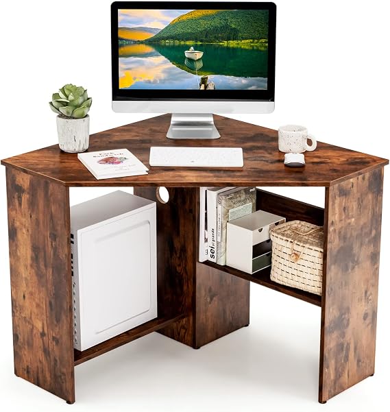 COSTWAY Corner Computer Desk, Space-Saving Triangular Writing Desk w/ 2 Storage Shelves & 2 Cable Holes, Multi-Functional Console Table for Small Space in Home Office, Living Room, Bedroom (Coffee)