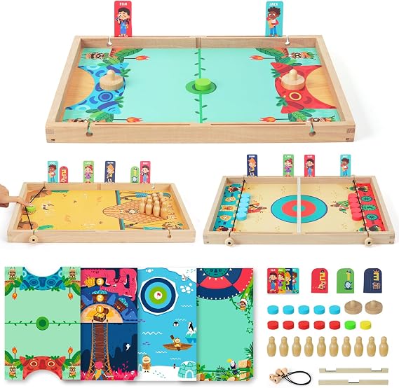 QZMTOY Large Fast Sling Puck Game Air Hocky Table Game Bowling Games -10 in 1 Family Games for Boys Girls,Teens,Adults,Wooden Hockey Board Game for 3+ Years Old Kids
