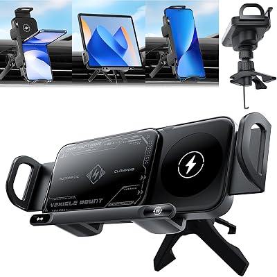 Omaky High Intelligent 2 in 1 Auto Rotating Phone Holder, Car Charger Fast Charging, for Most Mobile PhonesPads, Including Foldable Phones Black