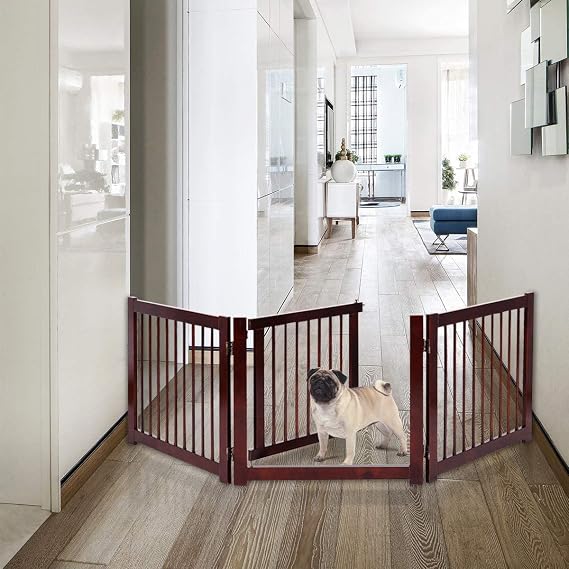 PETSITE Freestanding Pet Gate with Door, 3 Panel 81 in Extra Wide Dog Gates Fence Indoor for House, Stairs, Doorways