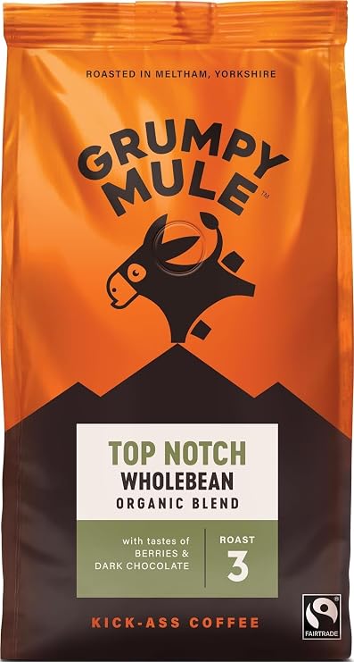 Grumpy Mule Top Notch Organic Blend Whole Coffee Beans with notes of Berries and Dark Chocolate 200g