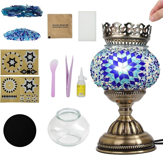Longzhuo Turkish Mosaic Lamp Kit DIY Sachet Placement on Top Stained Glass Decorative Table Bedside Night Light Tabletop Bohemian Morrocan Lamp Crfat Kit for Living Room Decorations, Blue