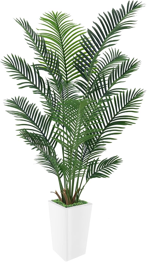 Artificial Palm Tree 7FT, Faux Palm Tree with Tall White Planter, Realistic Leaves & Natural Wood Trunk, Ideal for Home Decor and Housewarming Gift