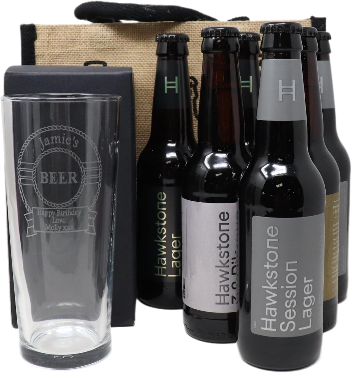 Personalised Engraved Pint Glass &amp; 6 Bottles of Hawkstone Lager Beer Gift Set in Gift Bag For Dad Son &amp; Grandad For Birthday, Christmas &amp; Father's Day 4.8% vol Beer