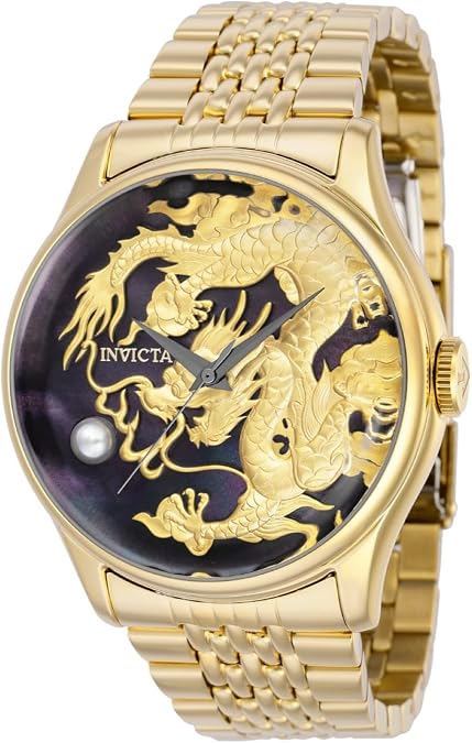 Invicta Men's 46mm Vintage Dragon NH35A Automatic Black MOP Golden Dragon Embossed Dial Gold Tone Stainless Steel Watch (Model: 39857)