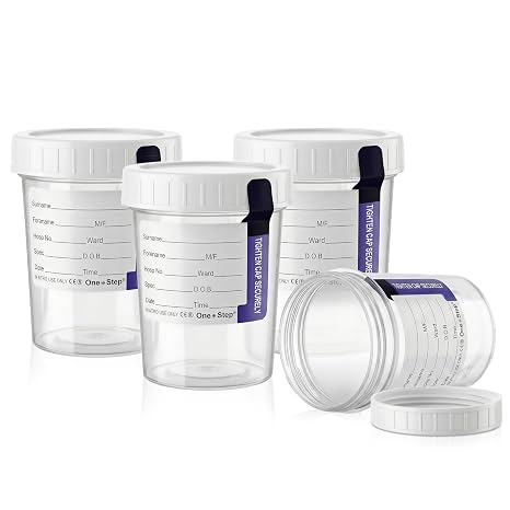 One Step Urine Sample Cups (5 Pack), 4 Oz Specimen Cups Used for Collecting Samples that are Ready for Testing, Tight Screw on Lid that is Leak-Resistant