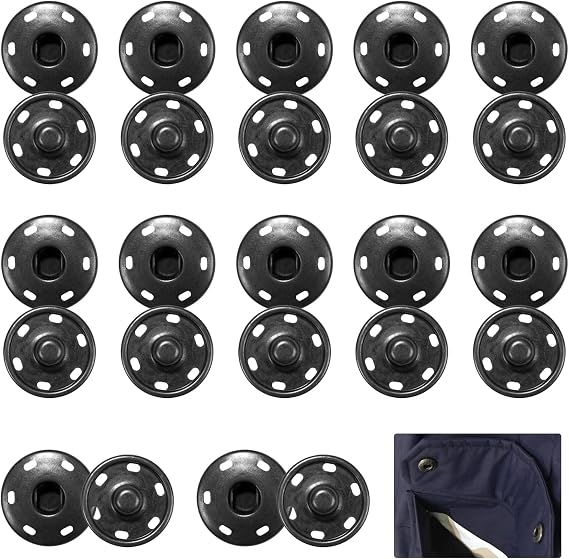 12 Pcs Poppers Fasteners,Large Press Studs Snap Fasteners for Clothing Kit,Heavy Duty Metal Black Buttons,21mm Sew-On Fastener Snaps for Jackets,Coats,Clothes,Bags & DIY Crafts (Durable & Rustproof)