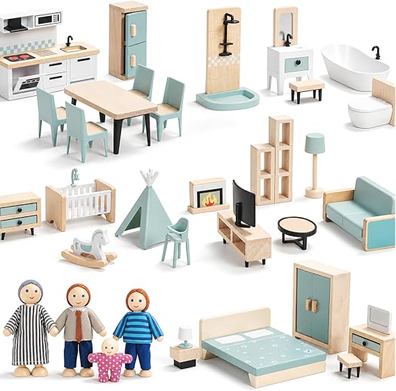 Giant bean 36pcs Wooden Dollhouse Furniture Set 5 Rooms 4 Family Dolls