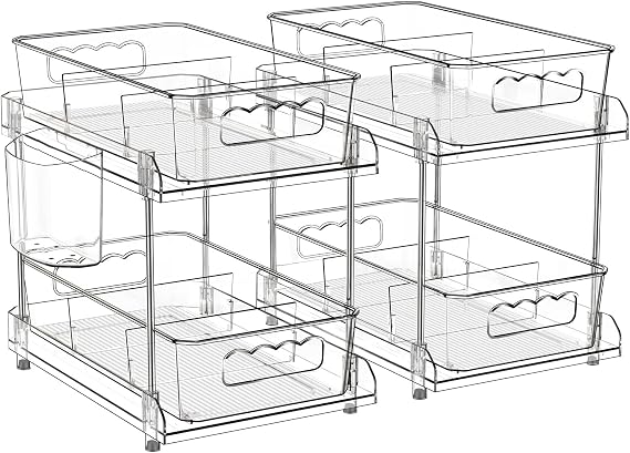 2 Tier Clear Organizer with Dividers, Pantry Organization Multi Purpose Slide-Out Bathroom, Kitchen Medicine Cabniet Bins, Under Sink Organizers and Storage, 2 Pack