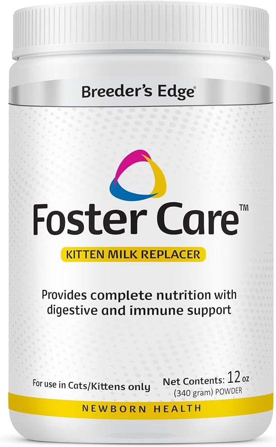 Breeders Edge Foster Care Feline Powdered Kitten Milk Replacer, Formula for Newborns and Adult Cats, Complete & Balanced Nutrition with Bio-Mos for Gut Health & Taurine for Heart Support, 12oz