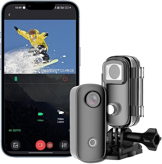 SJCAM C100+ Small Action Camera 4K30FPS WiFi Mini Portable Action Camera, APP Control, HD 15MP Image, Underwater 98ft Waterproof Camera with Helmet Mount Accessory Kits, 1 oz, 2.4*1*0.6(inch)