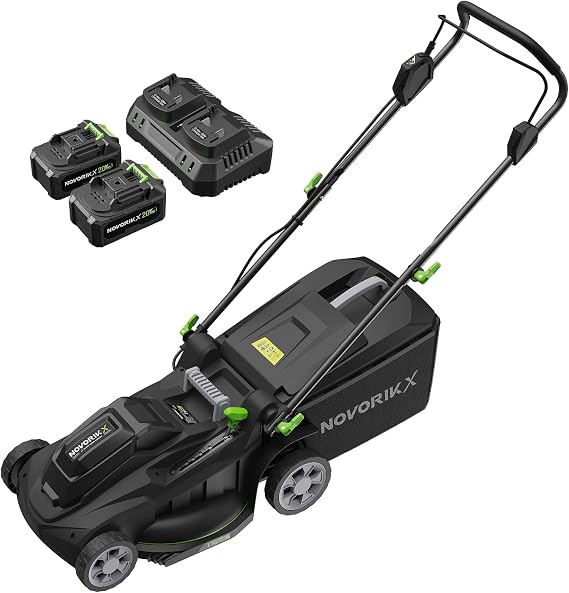 NovorikX 40V 17-Inch Cordless Lawn Mower, Brushless Electric Lawn Mower with Dual 4.0Ah Batteries & Charger, 6 Cutting Heights, 2-in-1 Mulching & Bagging