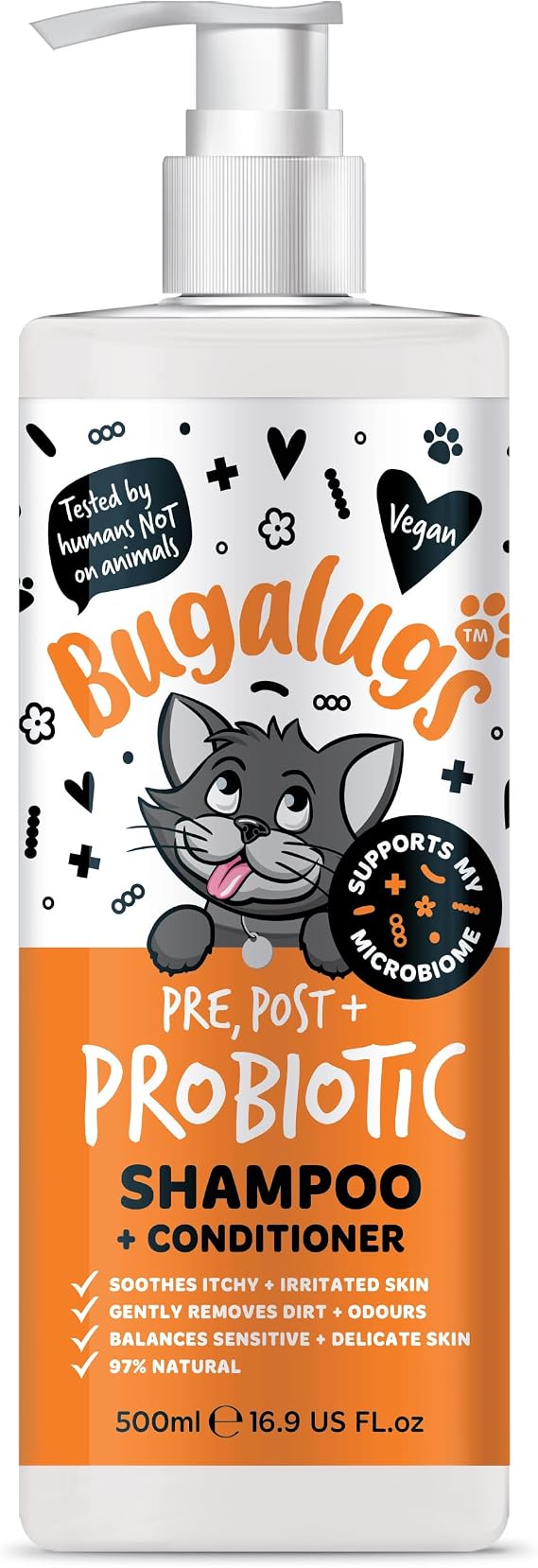 Bugalugs Cat Shampoo for Itchy Skin with Prebiotics & Probiotics for cats - kitten and cat shampoo for indoor cats for sensitive skin supports your pets Microbiome (Shampoo 500ml)