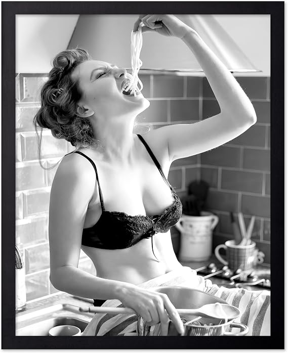 Poster Master Classic Photograph Poster - Vintage Fashion Print - Gift for Artist, Friend - Eat The Pasta, Spaghetti Girl, Sexy Lady In Bra, Noodles - Wall Decor for Kitchen, 8x10 Black Framed