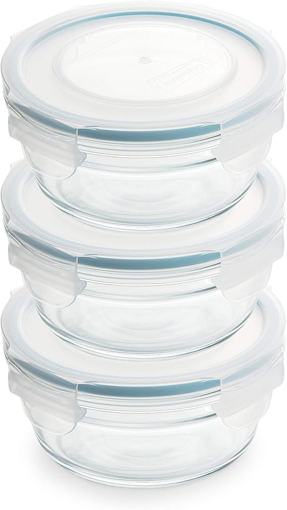 Glasslock Snaplock Lid Tempered Storage Round Container Airtight 3 Container Set Anti Spill Microwave & Oven Safe 0.73cups/173ml