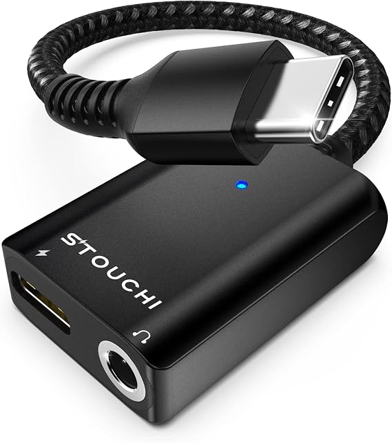 Stouchi 2-in-1 USB C to 3.5mm Headphone Charge Adapter AUX Mic Jack | PD Fast Charging High Resolution DAC for Earphones iPhone 17 16 15, Galaxy S25 /24/S24+/S23, iPad Pro, Pixel 9/8/7 Black