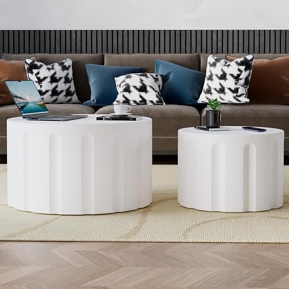 Nesting Coffee Table Set of 2 Modern Drum Round Coffee Table with Non-Slip Feet Modern Circle End Side Table Sets for Small Spaces Living Room Bedroom Balcony Office No Assembling (White)