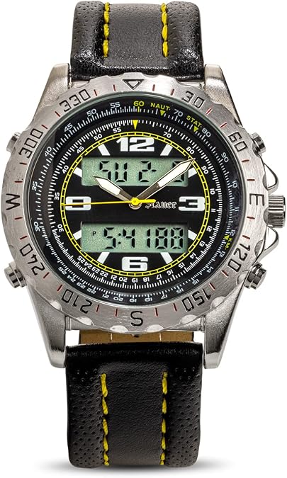 Stauer Centurion Hybrid Dual Analog & Digital Chrome Alloy Case Black Stitched Leather Band Sporty, Fashionable Gift