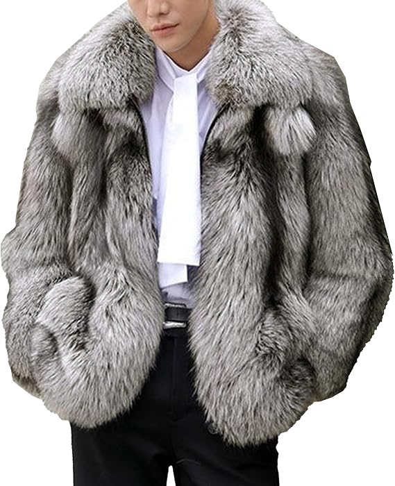 Men's Faux Fox Fur Short Coat Classic Fur Collar Shaggy Long Sleeves Warmth Winter Fuzzy Fur Garment