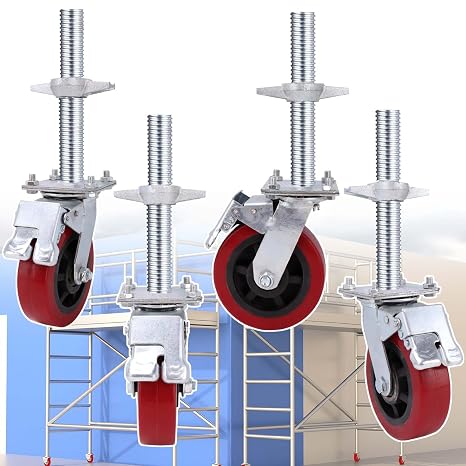 4 Pack Adjustable Leveling Scaffolding Wheels Set, Scaffolding Screw Jacks | Heavy-Duty Scaffold Leveling Jack, 6"-Scaffolding Casters, 1-1/5" OD Scaffold Screw, Swivel Wheels Casters Dual Locking Set