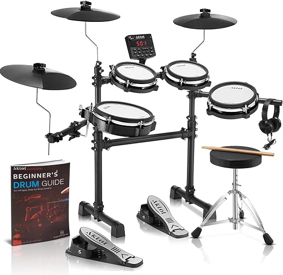 AKLOT B-CORE530 Electric Drum Set: Dual-Zone Quiet Mesh Drum Pads, 10 Dual-Trigger Cymbals, Height-Adjustable Rack, 360 Sounds, USB MIDI, Lesson Book, Throne, Sticks, Headphones