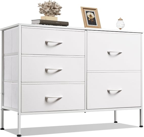 WLIVE 5 Drawer White Fabric Dresser for Bedroom, Wide Storage Chest