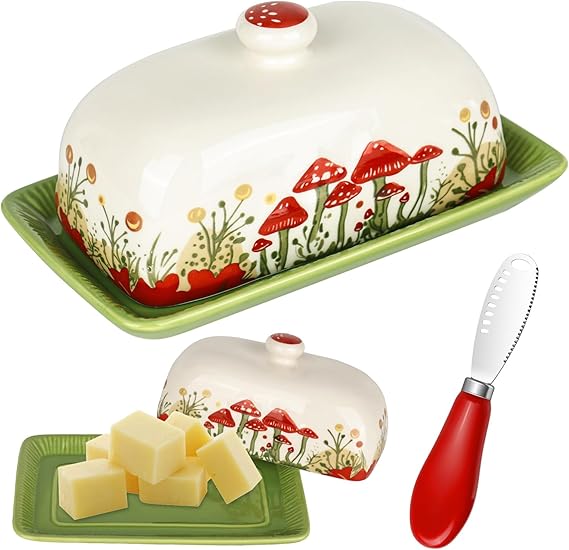 Green Butter Dish with Lid, 7.5*4.2 in Ceramic Butter Dish with Lid, Butter Keeper with Mini Red Butter Knife, Cute Mushroom Butter Storage Dish Covered for Home, Kitchen, Keeping Butter