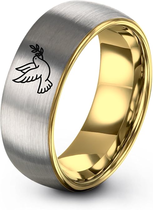 Gift for Spiritual Person - Dove With Olive Branch Ring - Band - Tungsten - Yellow Rose Gold Silver - 8mm - Flat Dome Bevel - Anniversary Wedding -