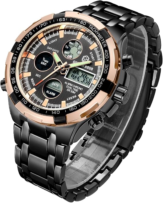 Luxury Fashion Men's Watches Stainless Steel Heavy Bullet Sport Chronograph Waterproof Gold Two Tone Date Alarm Multifunction Analogue Digital Watch