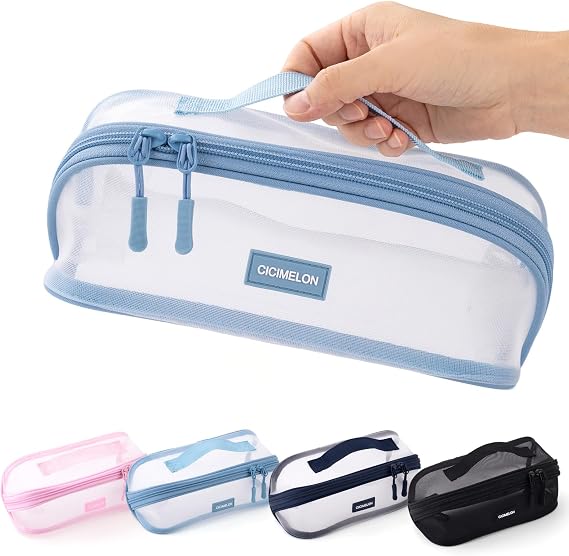 CICIMELON Transparent Mesh Pencil Pouch with Handle Big Case Clear Pen Bag College Essentials School Supplies, Light Blue