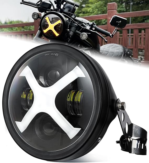 7inch X-Style White/Amber DRL Motorcycle Headlight with Headlight Housing Bucket Mount Brackets Compatible with CB400 CB1300 Vulcan custom XS650 Chopper Cafe Racer Bobbe