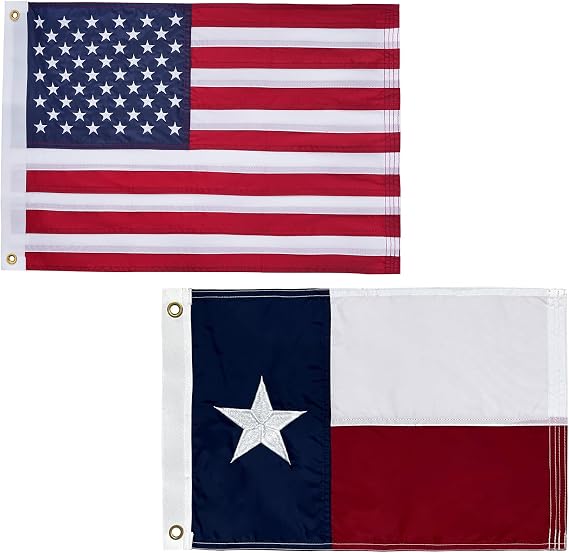 Bradford Small American Flag and Texas Flag 12x18 inches, Embroidered Stars USA US United TX Boat Flags for Outside with 2 Brass Grommets
