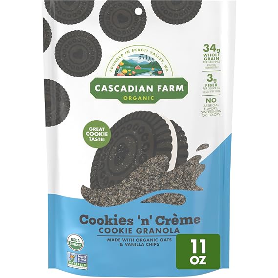 Cascadian Farm Organic Cookies 'n' Creme Granola, Whole Grain, 11 oz | Made with Organic Oats, Crisp Rice, and Vanilla Chips; Non-GMO Project Verified; Resealable Pouch for Freshness, 11 oz