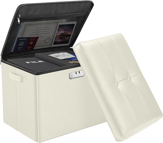 DocSafe Storage Ottoman with Lock,Fireproof&Waterproof 17 Inches Folding Storage Box with Handles Safe for Important Documents,Leather Storage Ottoman Storage Chest for Living Room,Bedroom,Beige