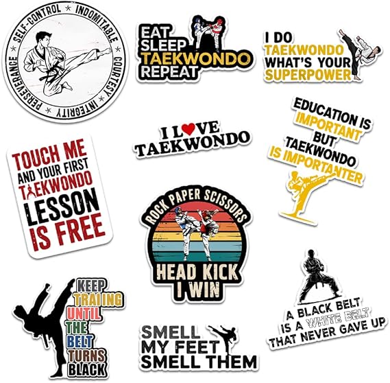10 Pcs Funny Taekwondo Stickers Martial Arts Vinyl Decals for Laptop, Water Bottle, Gear Bag Taekwondo Quotes for Kids, Teens, Instructors & Black Belt Fans Karate Gift for Fighters