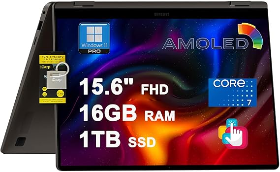 Samsung Galaxy Book4 360 2-in-1 Laptop 15.6" FHD AMOLED Touch Screen Intel 10 Core 7 150U Beats i7-1355U 16GB DDR5 1TB SSD Backlight Fingerprint Thunderbolt Wi-Fi 6E FHD Camera Win11Pro ICP Hub