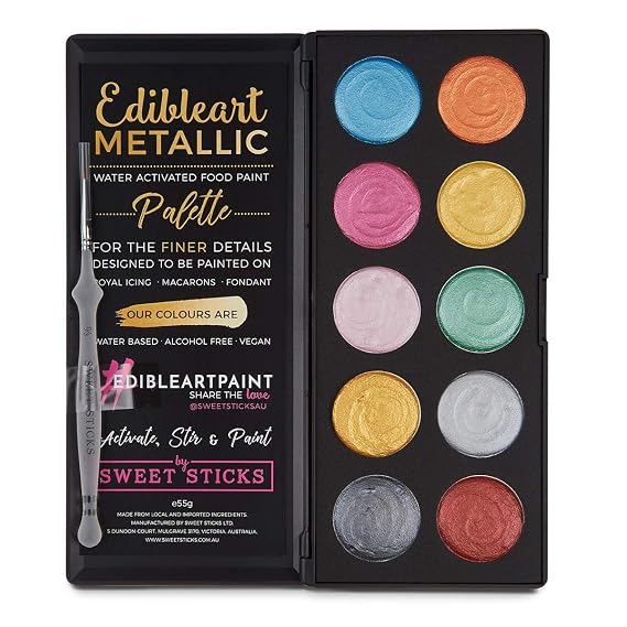 Metallic Rainbow Water Activated Edible Paint Palette- Light Silver, Hot Pink, Fairy Floss Pink, Charcoal, Green Tea, Sunkissed Gold, Mandarin Orange, Banana Yellow, Ocean Blue, Dark Rose (Pack of 10)