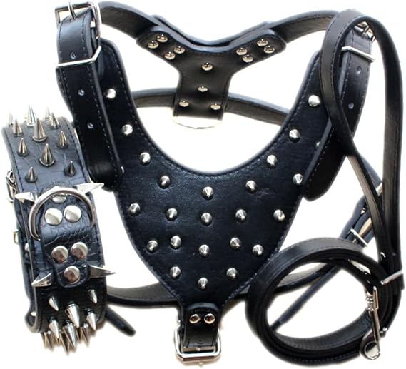 Leather Sharp Spiked Studded Dog Collars, Harnesses & Leashes 3Pcs Matching Set for Medium & Large Dog Pit Bull,Mastiff, Boxer, Bull Terrier