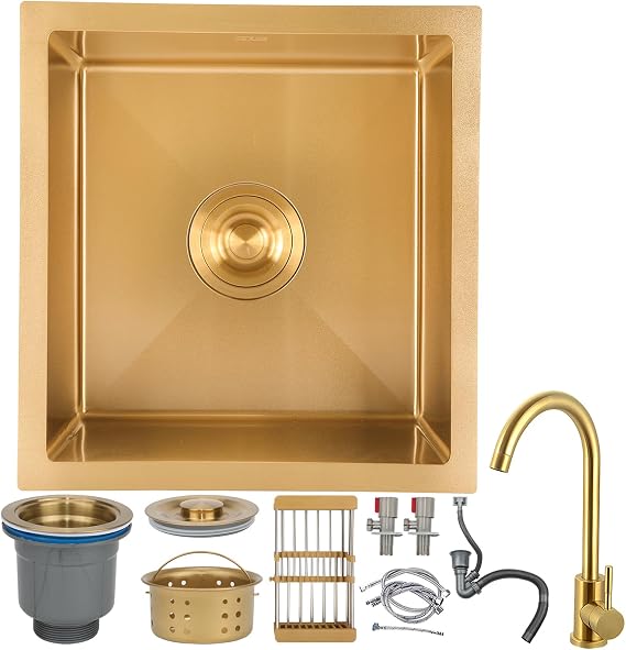 Gold Stainless Steel Kitchen Sink, 38x26cm Top Mounted Single Bowl Sink With Golden Faucet, Square Multiple Sizes Handmade Bar/Prep Nano Drain Kit, Easy-Clean