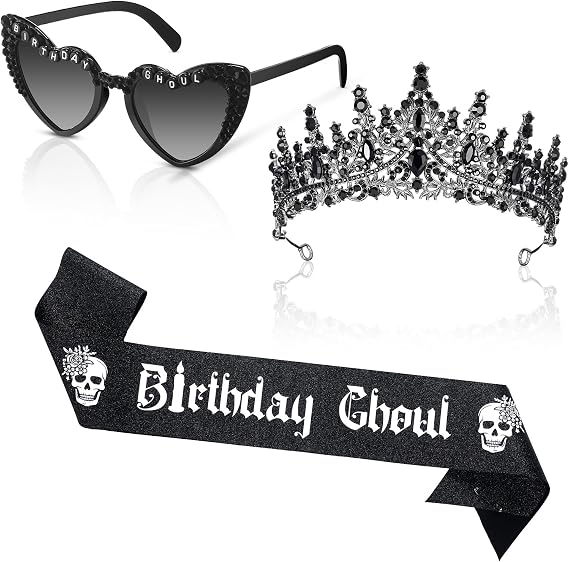 Canlierr 3 Pcs Goth Birthday Sash Crown Sunglasses Party Set,Classic | Gothic Black Sash Sparkling Diamond Crown, Decorative Sunglass for Women, Ghost Spooky Emo Costume, Party Accessories Set