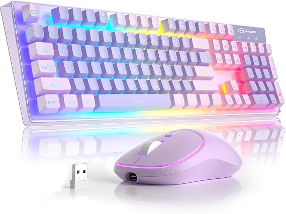 MageGee V550 Wireless Gaming Keyboard and Mouse, 2.4G Full-Sized RGB LED Computer Keyboards with Transparent Shell, Rechargeable Quiet Cordless Mouse & Keyboard Combo for Laptop/PC/Desktop (Purple)