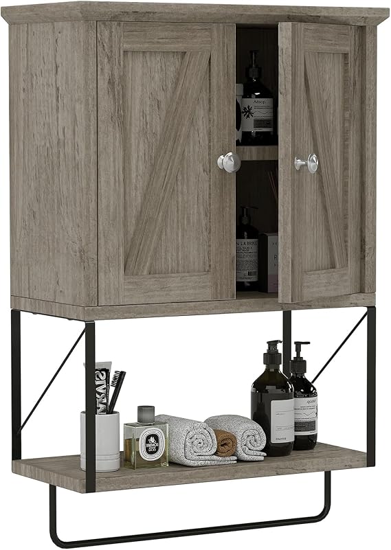 Medicine Cabinet, Small Bathroom Wall Cabinet with Adjustable Shelf and Towel Bar, Over Toilet Storage for Bathroom, Brown